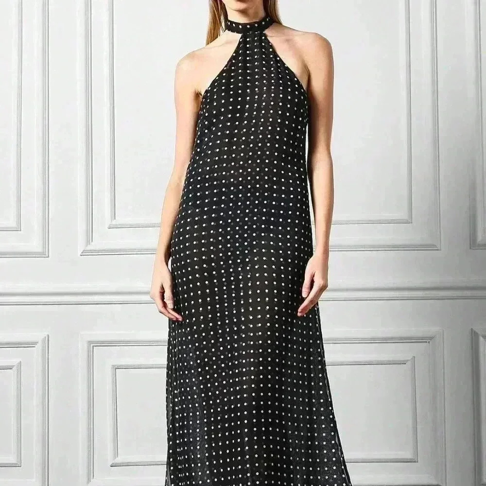 Black Elegant Women's Sheer Spot Halter Maxi Dress